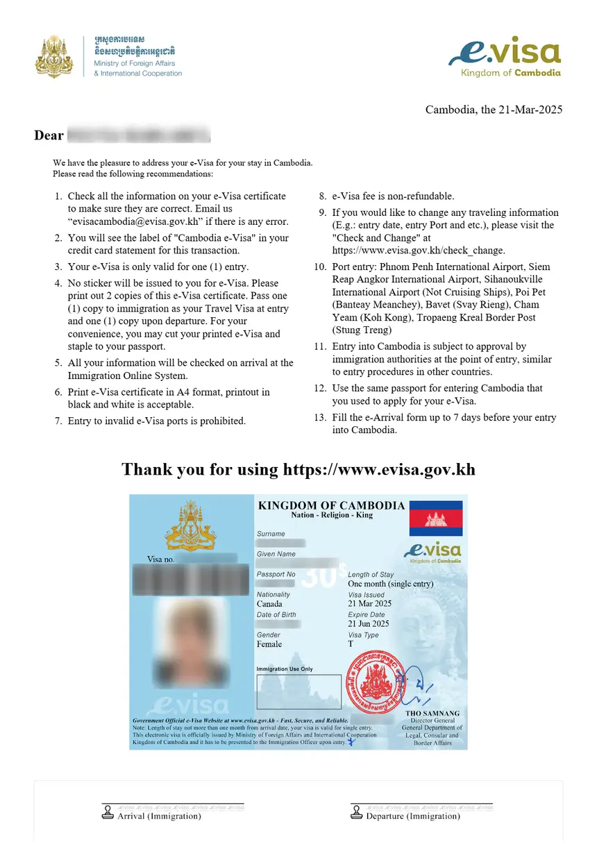 Sample Cambodia e-Visa approval letter and certificate